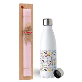 Doodle kids, Easter Set, metallic stainless steel water bottle (750ml) & scented flat Easter candle (30cm) (PINK)