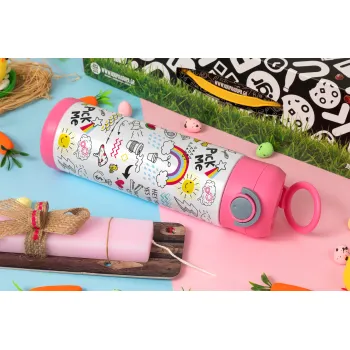 Doodle kids, Easter candle, Childrens hot water bottle, stainless steel, with safety straw, PINK (500ml)