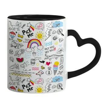 Doodle kids, Mug heart black handle, ceramic, 330ml