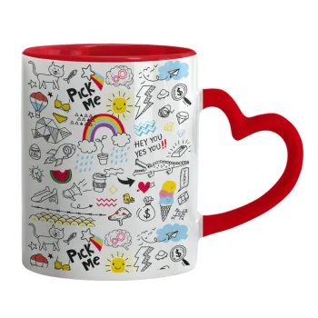Doodle kids, Mug heart red handle, ceramic, 330ml