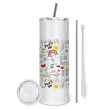 Doodle kids, Tumbler ποτήρι θερμό από ανοξείδωτο ατσάλι 600ml, με μεταλλικό καλαμάκι & βούρτσα καθαρισμού