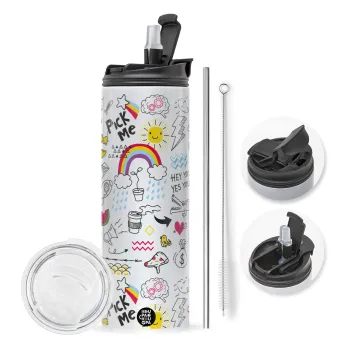 Doodle kids, Travel Tumbler 2 Lids, with metal straw & cleaning brush (Stainless steel 304 Food grade, BPA free, 600ml)