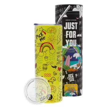 Doodle kids, Neon Yellow Travel Tumbler θερμό, μεταλλικό καλαμάκι(Ανωξείδωτο 304 Food grade, BPA free, 600ml)