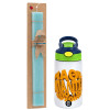 Easter Set, Children's thermal stainless steel bottle with safety straw, green/blue (350ml) & aromatic flat Easter candle (30cm) (TURQUOISE)