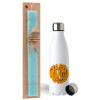 Easter Set, metallic stainless steel water bottle (750ml) & aromatic flat Easter candle (30cm) (TURQUOISE)