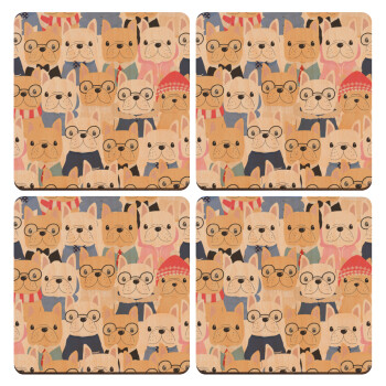 Σκύλοι, ΣΕΤ x4 Σουβέρ ξύλινα τετράγωνα plywood (9cm)