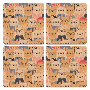 Σκύλοι, ΣΕΤ x4 Σουβέρ ξύλινα τετράγωνα plywood (9cm)