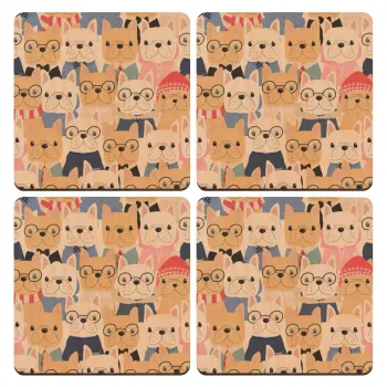 Σκύλοι, ΣΕΤ x4 Σουβέρ ξύλινα τετράγωνα plywood (9cm)