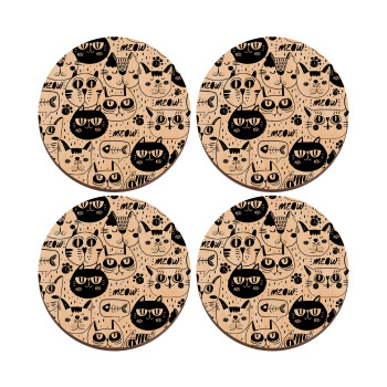 Γάτες, ΣΕΤ x4 Σουβέρ ξύλινα στρογγυλά plywood (9cm)