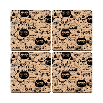 Γάτες, ΣΕΤ x4 Σουβέρ ξύλινα τετράγωνα plywood (9cm)