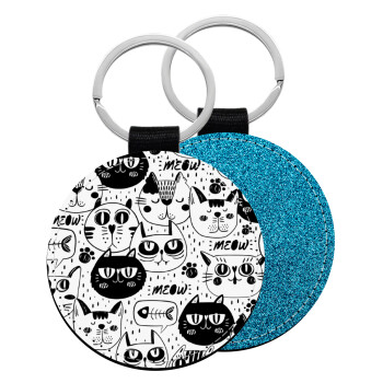 Γάτες, Μπρελόκ Δερματίνη, στρογγυλό ΜΠΛΕ (5cm)