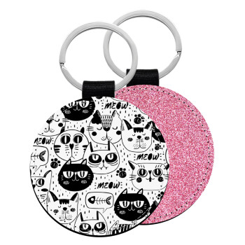 Γάτες, Μπρελόκ Δερματίνη, στρογγυλό ΡΟΖ (5cm)