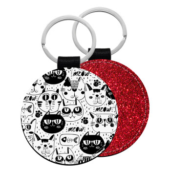 Γάτες, Μπρελόκ Δερματίνη, στρογγυλό ΚΟΚΚΙΝΟ (5cm)