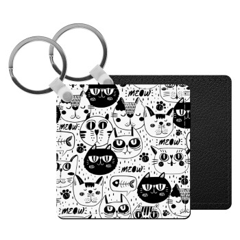 Γάτες, Μπρελόκ Δερματίνη, τετράγωνο ΜΑΥΡΟ (5x5cm)