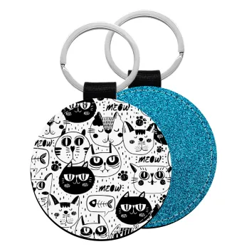 Γάτες, Μπρελόκ Δερματίνη, στρογγυλό ΜΠΛΕ (5cm)