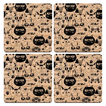 Γάτες, ΣΕΤ x4 Σουβέρ ξύλινα τετράγωνα plywood (9cm)