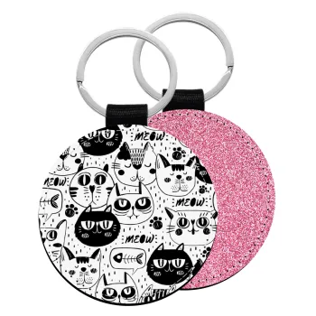 Γάτες, Μπρελόκ Δερματίνη, στρογγυλό ΡΟΖ (5cm)