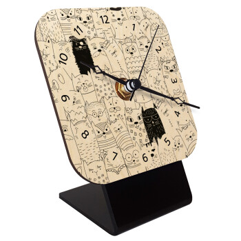 Γάτες γραμμικό σχέδιο, Quartz Table clock in natural wood (10cm)