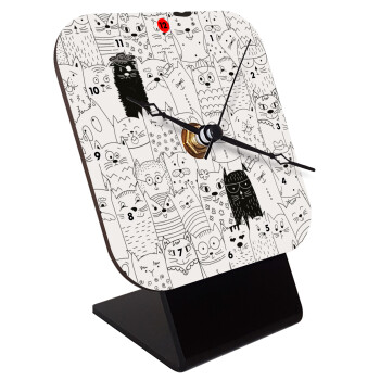 Γάτες γραμμικό σχέδιο, Επιτραπέζιο ρολόι ξύλινο με δείκτες (10cm)