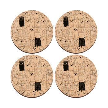 Γάτες γραμμικό σχέδιο, ΣΕΤ x4 Σουβέρ ξύλινα στρογγυλά plywood (9cm)