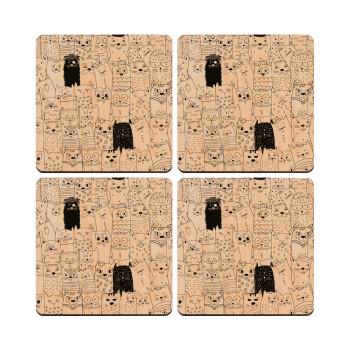 Γάτες γραμμικό σχέδιο, ΣΕΤ x4 Σουβέρ ξύλινα τετράγωνα plywood (9cm)