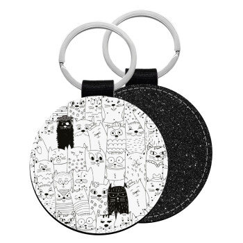 Γάτες γραμμικό σχέδιο, Μπρελόκ Δερματίνη, στρογγυλό ΜΑΥΡΟ (5cm)