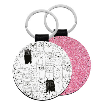 Γάτες γραμμικό σχέδιο, Μπρελόκ Δερματίνη, στρογγυλό ΡΟΖ (5cm)