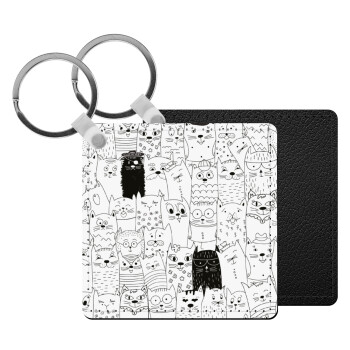 Γάτες γραμμικό σχέδιο, Μπρελόκ Δερματίνη, τετράγωνο ΜΑΥΡΟ (5x5cm)