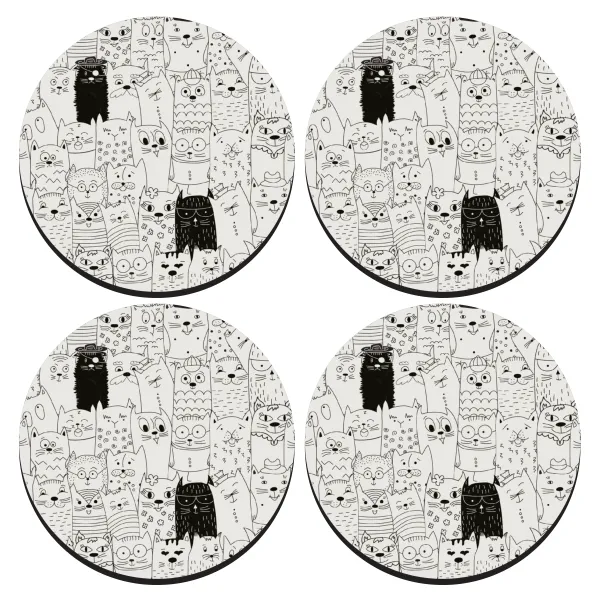 Γάτες γραμμικό σχέδιο — SET of 4 round wooden coasters (9cm)
