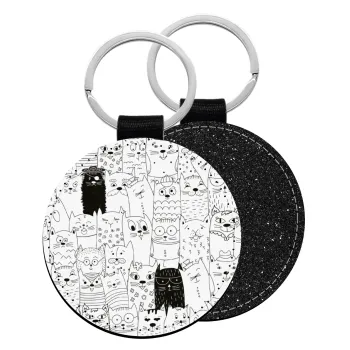 Γάτες γραμμικό σχέδιο, Μπρελόκ Δερματίνη, στρογγυλό ΜΑΥΡΟ (5cm)