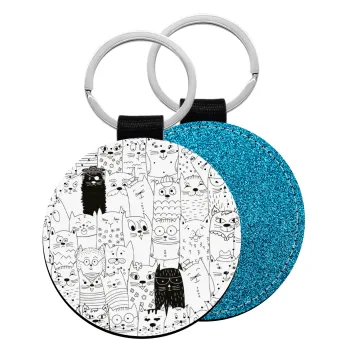 Γάτες γραμμικό σχέδιο, Μπρελόκ Δερματίνη, στρογγυλό ΜΠΛΕ (5cm)