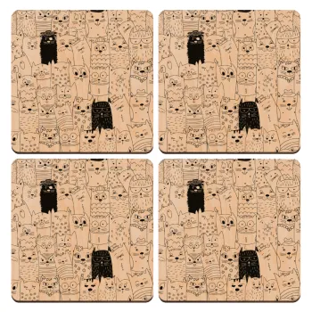 Γάτες γραμμικό σχέδιο, ΣΕΤ x4 Σουβέρ ξύλινα τετράγωνα plywood (9cm)