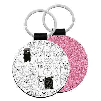 Γάτες γραμμικό σχέδιο, Μπρελόκ Δερματίνη, στρογγυλό ΡΟΖ (5cm)