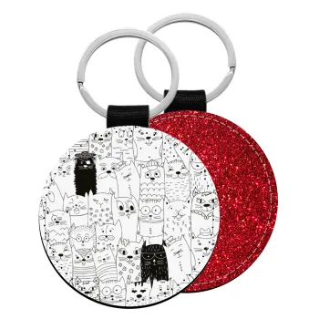 Γάτες γραμμικό σχέδιο, Μπρελόκ Δερματίνη, στρογγυλό ΚΟΚΚΙΝΟ (5cm)