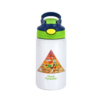 Food pyramid chart, Children's hot water bottle, stainless steel, with safety straw, green, blue (350ml)