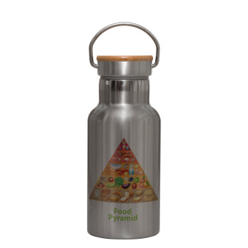 Food pyramid chart, Stainless steel metallic thermos flask, silver with a bamboo lid, double-walled, 350ml.