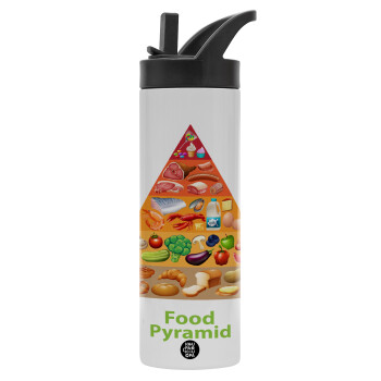 Food pyramid chart, Metallic thermos bottle with straw & handle, stainless steel (Stainless steel 304), double-walled, 600ml.