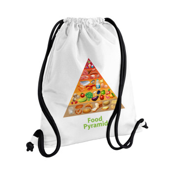 Food pyramid chart, Backpack pouch GYMBAG white, with pocket (40x48cm) & thick cords