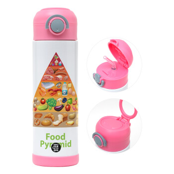 Food pyramid chart, Children's hot water bottle, stainless steel, with safety straw, PINK (500ml)