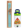 Easter Set, Children's thermal stainless steel bottle with safety straw, green/blue (350ml) & aromatic flat Easter candle (30cm) (TURQUOISE)