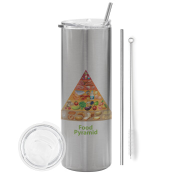 Διατροφική πυραμίδα, Eco friendly ποτήρι θερμό Ασημένιο (tumbler) από ανοξείδωτο ατσάλι 600ml, με μεταλλικό καλαμάκι & βούρτσα καθαρισμού