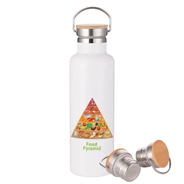 Food pyramid chart — Stainless steel White with wooden lid (bamboo), double wall, 750ml