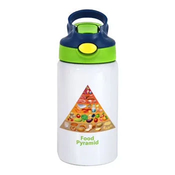 Food pyramid chart, Children's hot water bottle, stainless steel, with safety straw, green, blue (350ml)