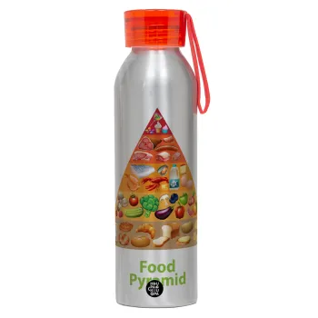 Food pyramid chart, Aluminum Sports Bottle 650ml – Silver with Red Cap and Silicone Strap