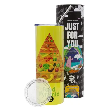 Διατροφική πυραμίδα, Neon Yellow Travel Tumbler θερμό, μεταλλικό καλαμάκι(Ανωξείδωτο 304 Food grade, BPA free, 600ml)