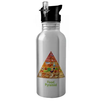 Food pyramid chart, Water bottle Silver with straw, stainless steel 600ml