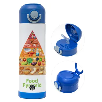 Food pyramid chart, Children's hot water bottle, stainless steel, with safety straw, BLUE (500ml)