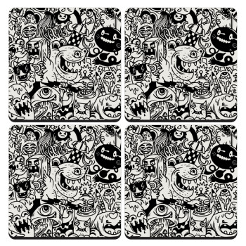 Τερατάκια, ΣΕΤ 4 Σουβέρ ξύλινα τετράγωνα (9cm)