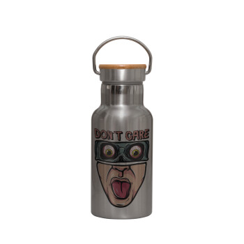 Don't Care, Stainless steel metallic thermos flask, silver with a bamboo lid, double-walled, 350ml.