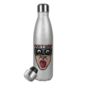 Don't Care, Μεταλλικό παγούρι θερμός Glitter Aσημένιο (Stainless steel), διπλού τοιχώματος, 500ml